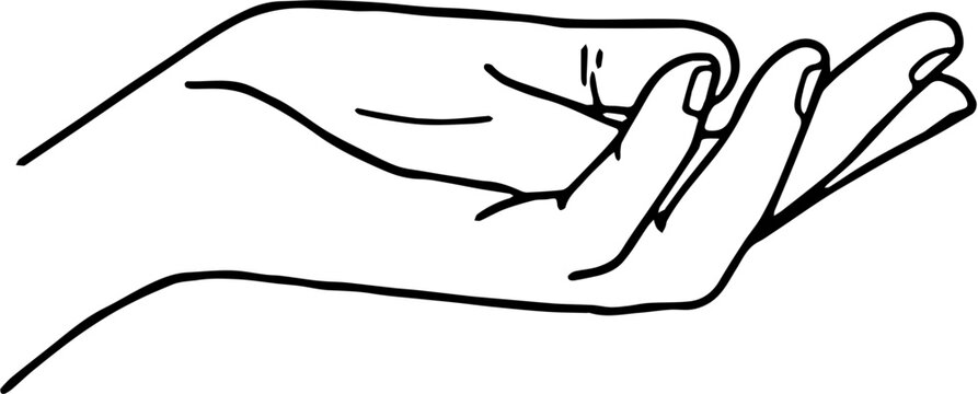Open hand palm up line art illustration, cupped hand gesture for receiving or giving, minimalist vector sketch isolated on white background
