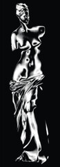 Venus de Milo statue. Aphrodite - goddess of love monument. Classical plaster figure sculpture. Gypsum body of statue with half tone effect isolated on black background. Vector illustration