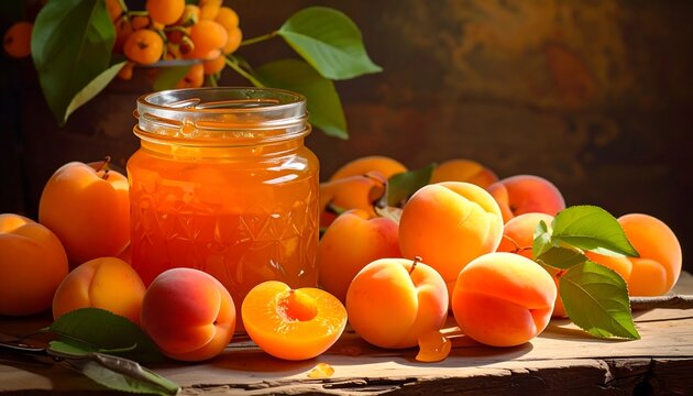 A still life of a jar of jam and scattered apricots on a wooden surface