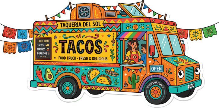 Vibrant and Festive Mexican Taco Food Truck Illustration with a Friendly Chef, Perfect for Street Food and Cultural Themes