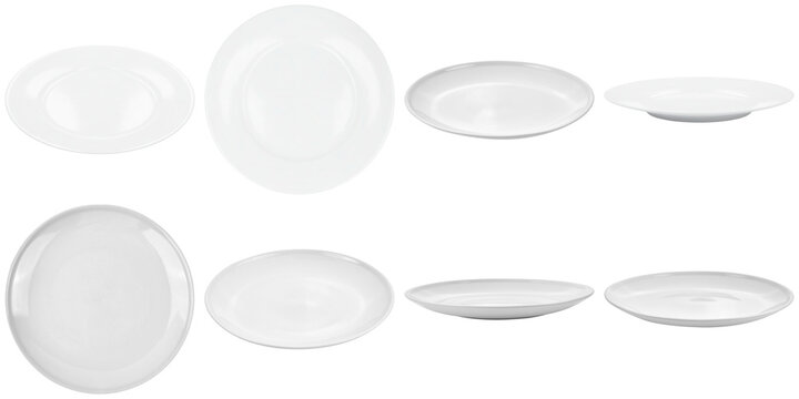 Collection of clean white ceramic plates, bowls, and oval dishes in various views, isolated on transparent background.