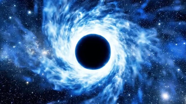 A swirling blue-black hole in a starry night sky with bright lights and gas