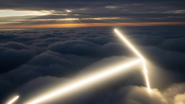 A glowing arrow shines brightly above clouds at sunset.