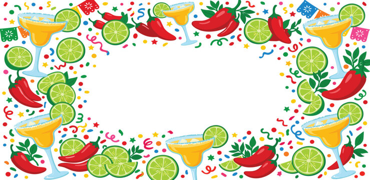 Festive Fiesta Frame of Margarita Cocktails, Chili Peppers, and Lime Slices with Colorful Confetti for a Celebratory Theme