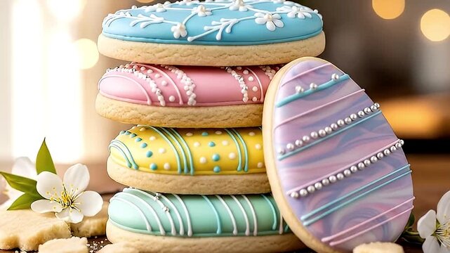 A delightful stack of vibrantly decorated sugar cookies, showcasing an array of pastel colors and intricate royal icing designs. The collection includes round cookies with charming floral patterns, st