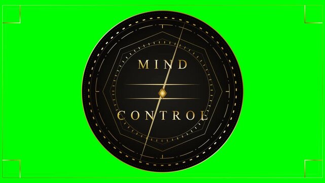 Intriguing animated visualization of a conceptual mind control dial with a dynamic golden needle on a chroma key green screen background for