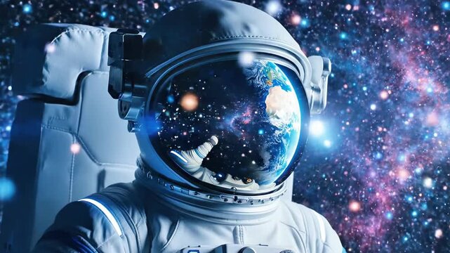 A close-up of an astronaut in space with Earth reflected in their helmet visor