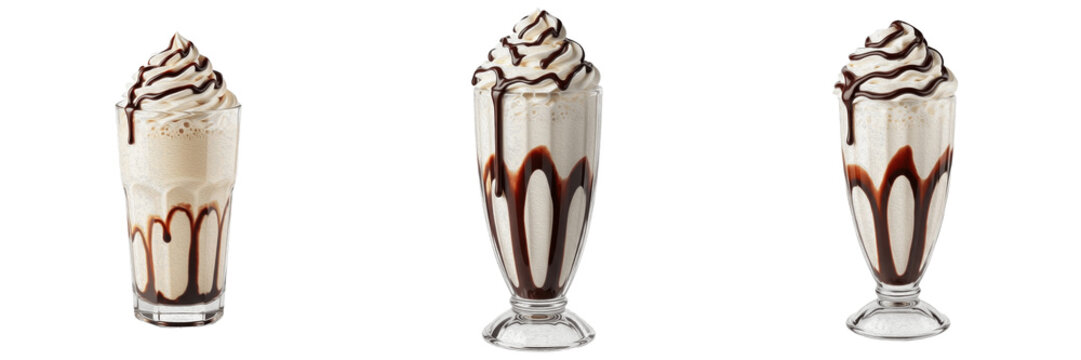 Set of coffee frappes with whipped cream and chocolate syrup drizzle isolated on transparent background