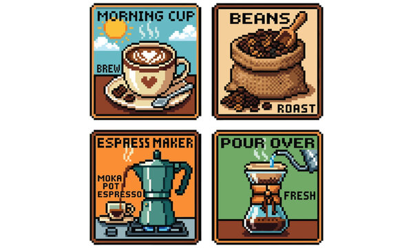Pixel Art Collection of Coffee-Themed Illustrations Featuring a Morning Cup, Roasted Beans, Espresso Maker, and Pour Over Method