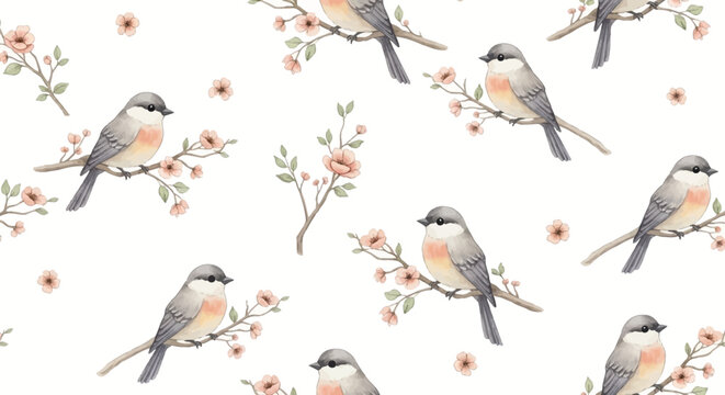 seamless pattern of small birds on blooming branches with flowers and leaves on white background
