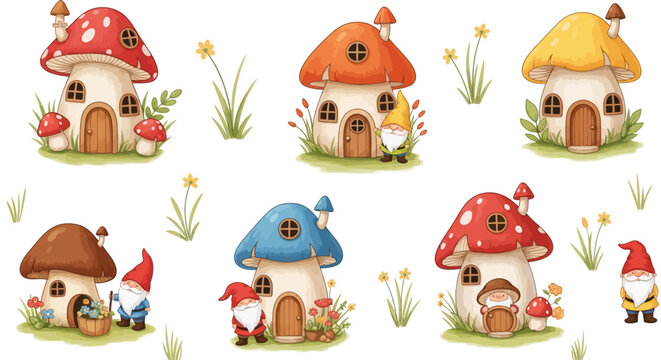 Whimsical mushroom houses and gnomes in a magical garden setting with flowers and grass