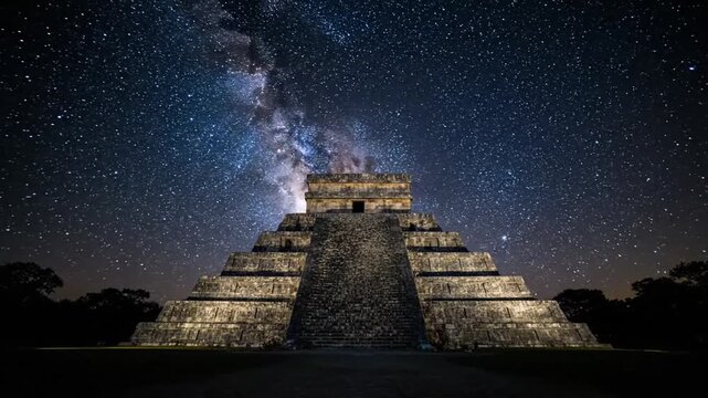 Ancient Mayan Pyramid Under Starry Sky.