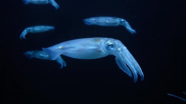 Blue glowing squid swimming ocean deep.