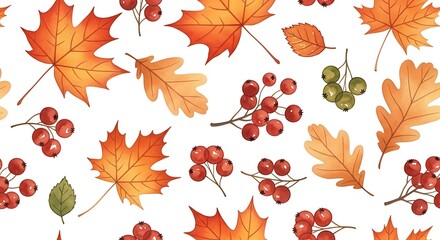 Obraz premium Autumn leaves and berries seamless pattern