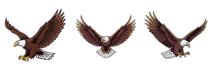 Fototapeta premium Set of flying bald eagle illustrations with spread wings isolated on transparent background