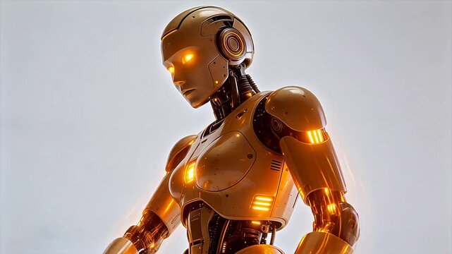 Golden humanoid robot with orange lights on white background