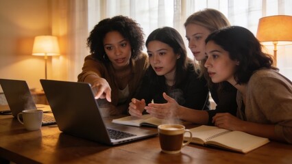 Fototapeta premium Diverse group of young female entrepreneurs collaborating and pointing at laptop screen in cozy home office representing female empowerment and startup business teamwork concept.