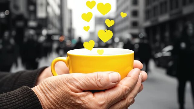 A close-up of an elderly person's hands gently cradling a bright yellow mug, symbolizing warmth and care, from which many vibrant yellow heart shapes are gracefully floating upwards, conveying a