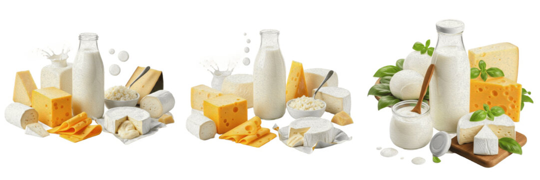 Set of fresh dairy products including milk bottle, yogurt, and assorted cheese blocks isolated on transparent background