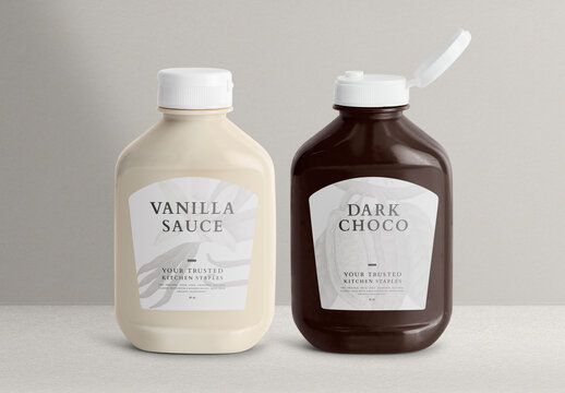 Vanilla And Chocolate Sauce Bottles Mockup PSD