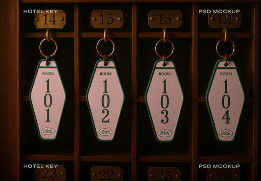 Vintage Hotel Key Tag Mockup Rack Display PSD
