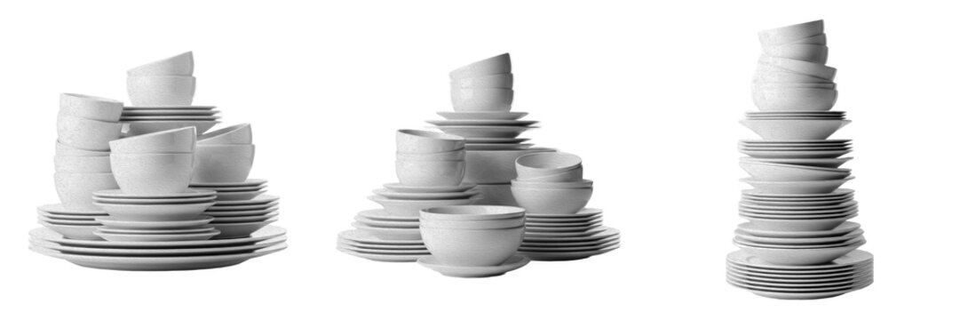 Set of white ceramic plates and bowls stacks isolated on transparent background