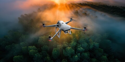 Naklejka premium Drone flies through sunbeams over forested landscape