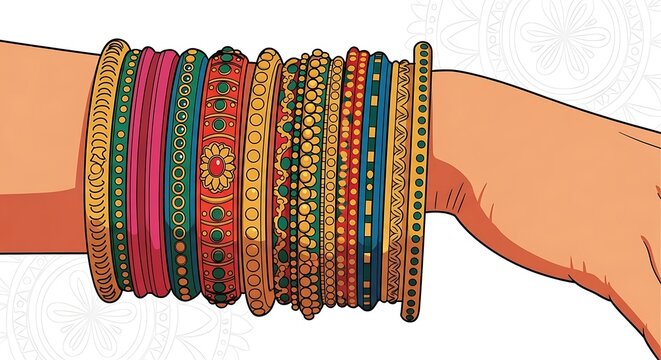 Colorful Indian Bangles on Wrist Illustration.