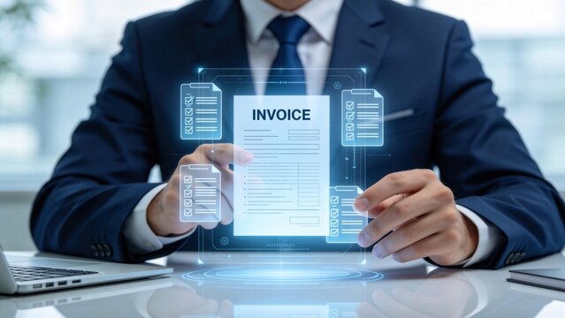 Digital invoice document management concept,businessman holding virtual billing statement with checklist icons,online accounting and financial administration workflow