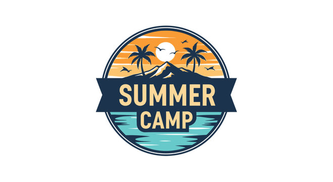 Summer camp logo vector, circular emblem with palm trees and mountain