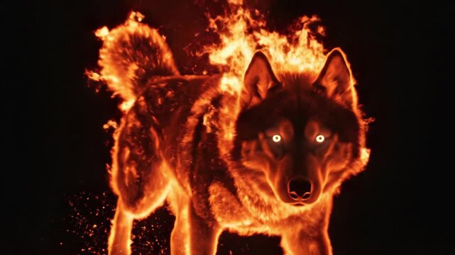 Burning wolf engulfed in flames walking on black background