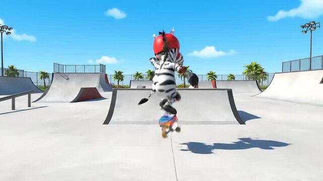 Dynamic cartoon zebra character performing an amazing skateboard trick high in the air at a sunny, modern skatepark, capturing the thrill of action sports and youthful energy