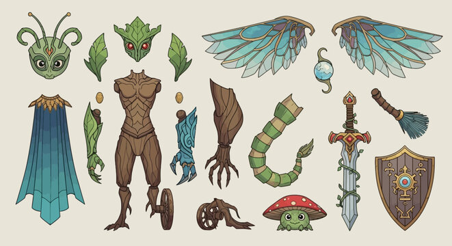 Wooden Golem and Insectoid Warrior Assets with Wings, Sword, Shield, and Bark Armor