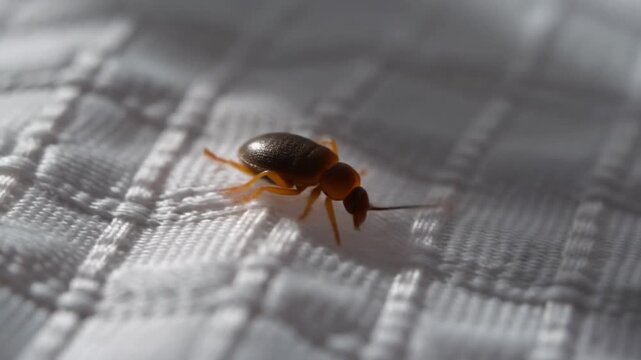 Macro shot of a bed bug crawling on white mattress fabric