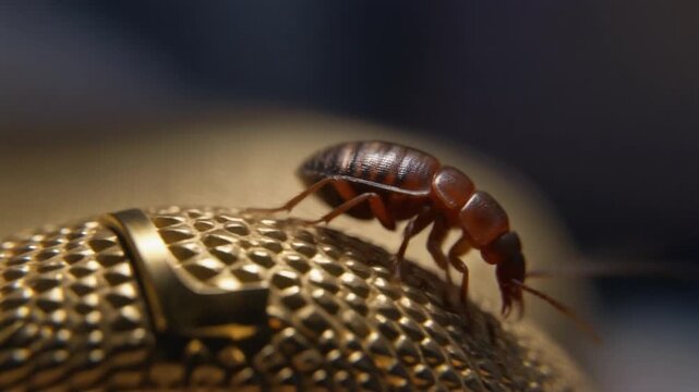 Macro View of a Bed Bug Crawling on Textured Gold Surface