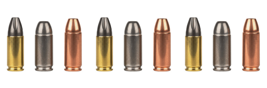Set of various handgun bullets and ammunition in a row isolated on transparent background