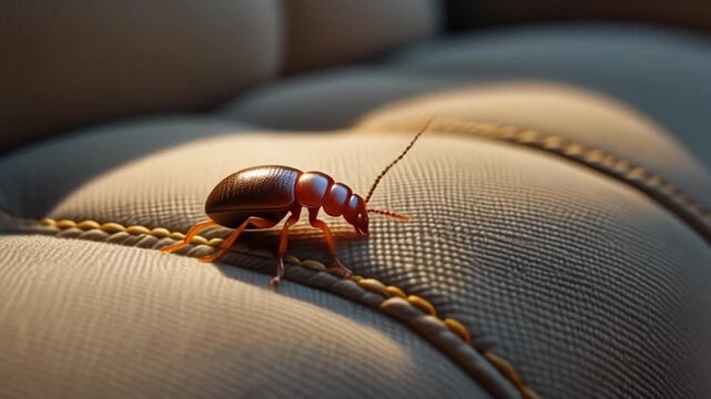 Bed bug crawling on a fabric mattress seam in close-up view