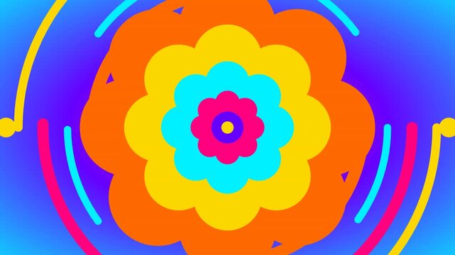 Abstract vibrant floral pattern with dynamic concentric shapes and colorful lines for energetic background motion graphic visuals artistic display