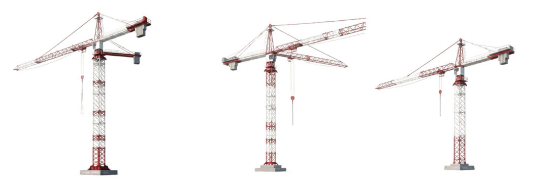 Set of industrial tower cranes for construction isolated on transparent background