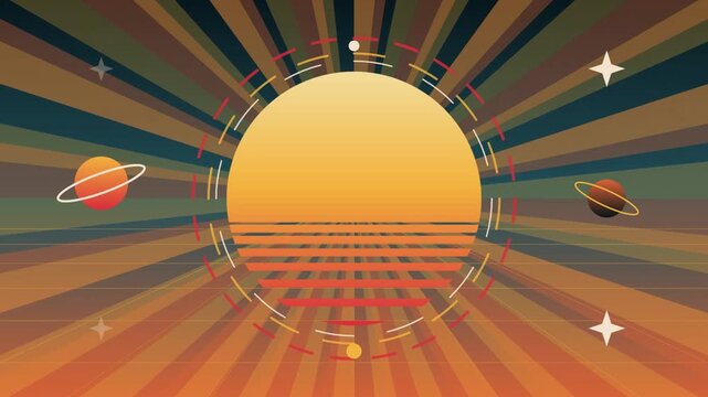 Captivating Retrofuturistic Cosmic Sunset Animation with Abstract Planets and Radiant Starburst Rays, Perfect for Dynamic Backgrounds and Visuals