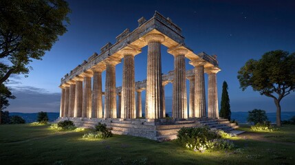 Fototapeta premium Ancient Greek Temple Ruins, Architecture at Night