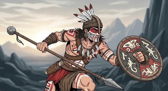 Native American Warrior with Spear and Shield.