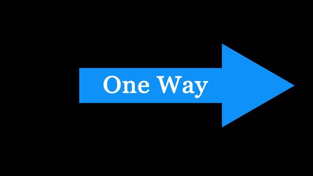 Blue flat-style directional arrow pointing right with "One Way" text on a black background. Concept for traffic direction, guidance, single-path strategy, navigation, and simplified instructions.