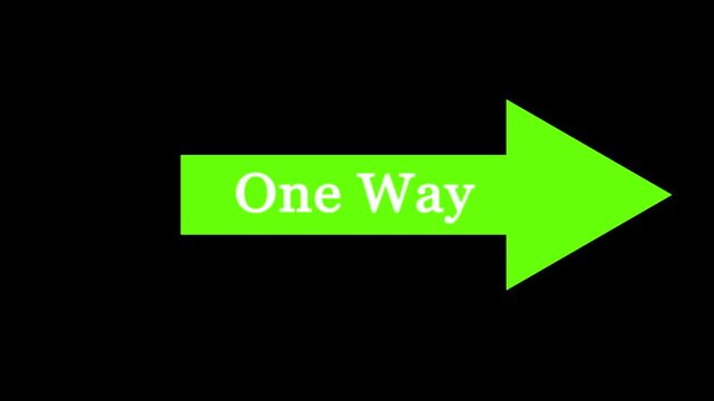 Green flat-style directional arrow pointing right with "One Way" text on a black background. Concept for traffic direction, guidance, single-path strategy, navigation, and simplified instructions.