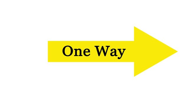 Yellow flat-style directional arrow pointing right with "One Way" text on a White background. Concept for traffic direction, guidance, single-path strategy, navigation, and simplified instructions.
