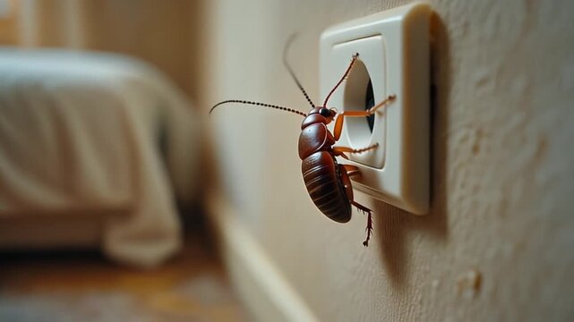 Large Cockroach Crawling on Wall Power Socket in Bedroom