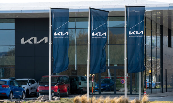 Nitra, Slovakia - March, 15, 2026 - Kia dealership showroom in Nitra. Slovakia. Kia motors sign.