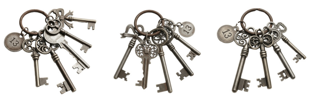 Set of vintage antique metal keys on a ring isolated on transparent background