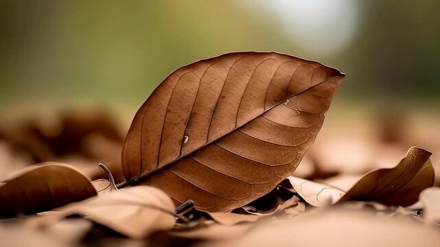 A serene close-up shot captures a single, beautifully textured brown autumn leaf resting gently on a bed of other fallen leaves on the forest floor. The shallow depth of field creates a soft, natural 