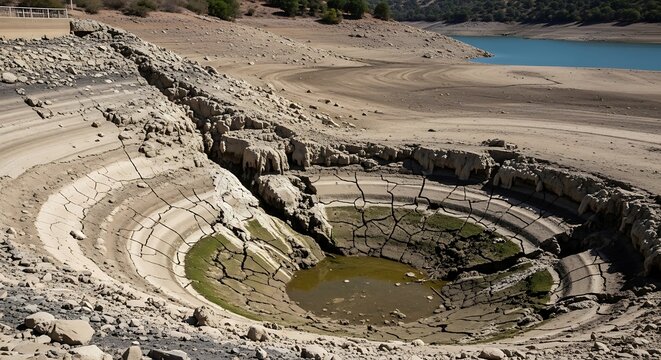 Severe drought showing empty reservoir with dried cracked earth
